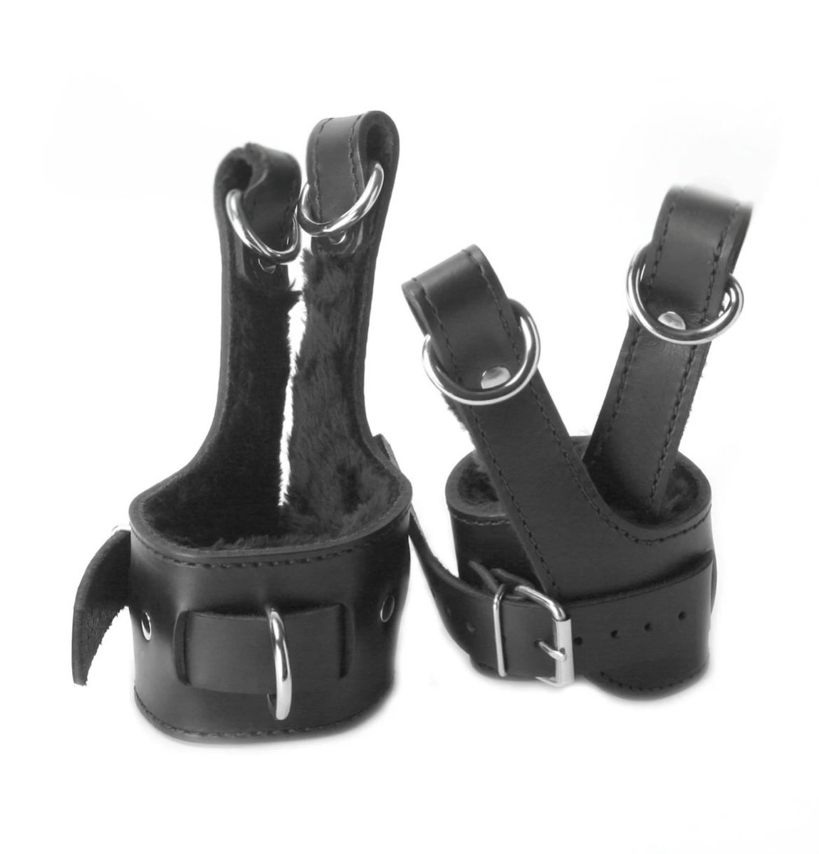 This all in one suspension kit features two comfortable, durable, and secure leather fur lined cuffs, with a heavy duty Shibari ring so you can string them up and leave them completely at your mercy. You can attach the cuffs to the ring with rope, carabiners, snap or hooks.