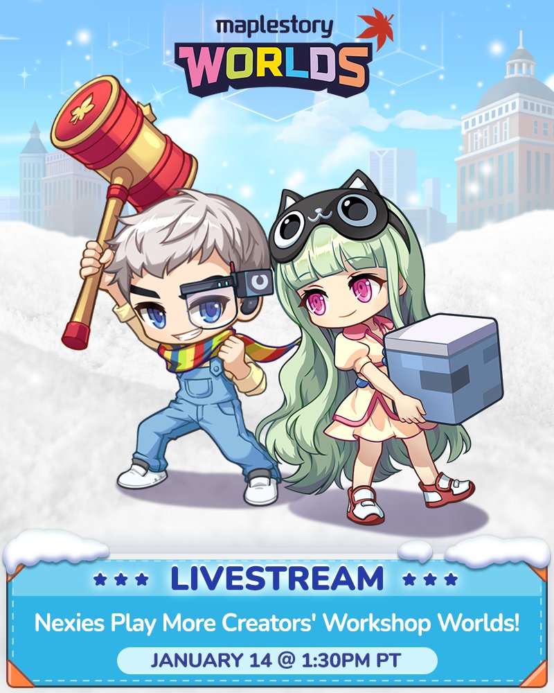 The MapleStory Worlds Community Team is excited to announce our first livestream of 2026! 

Join to explore the rest of the incredible Worlds created by the talented participants of the Creators' Workshop Class 3. 

Don't miss out on the fun: twitch.tv/maplestoryworl…