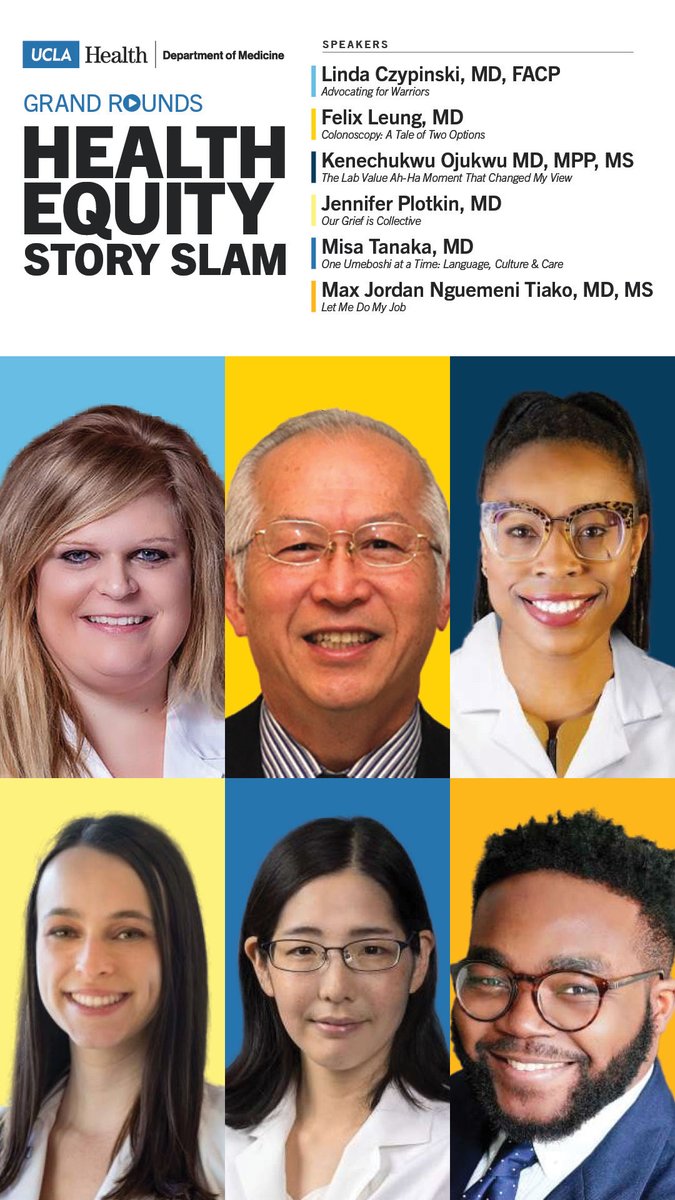 DOM_UCLA's tweet image. Don’t miss this week’s special Grand Rounds!

On Thursday, the Health Equity Story Slam will feature six UCLA faculty sharing both personal and patient care stories that highlight societal inequities and their impact on healthcare. 

Learn more here: uclahs.fyi/3NmSmRB