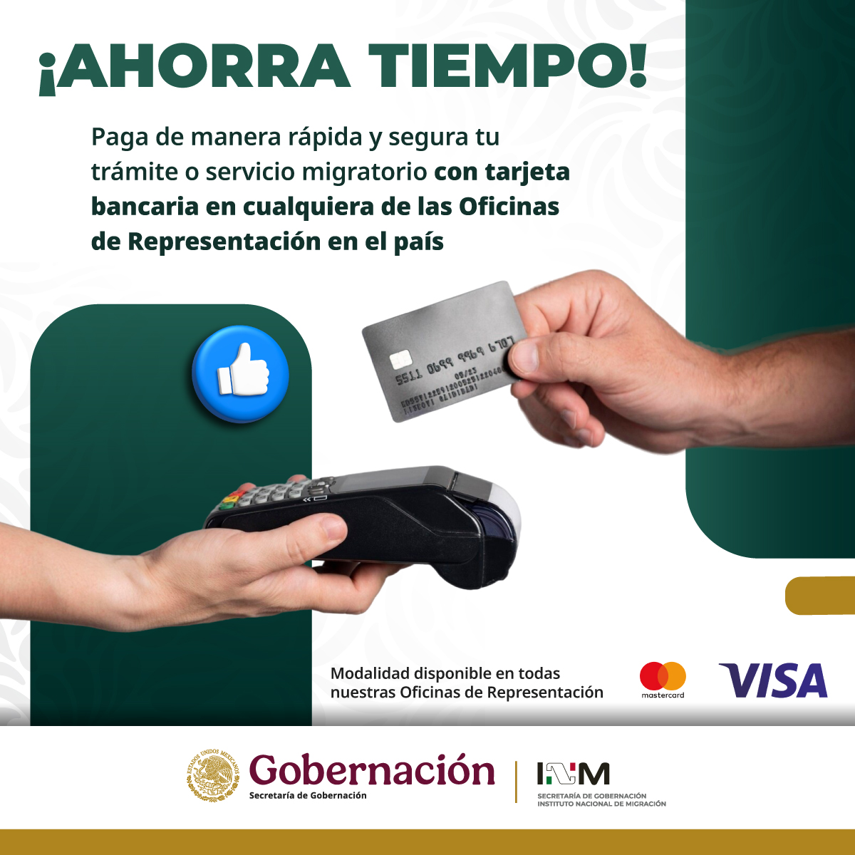 INAMI_mx's tweet photo. Realiza el pago de tus trámites migratorios con total confianza usando tu tarjeta de crédito o débito (Visa o Mastercard) en cualquiera de nuestra oficinas de representación.
¡Rápido y fácil! 💼✅
#INMContigo https://t.co/RCqHW2GVex