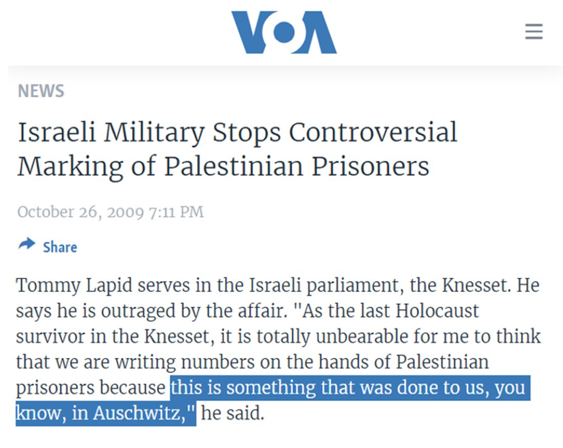 ibrahimibnyusuf's tweet image. In 2009, Israel suspended its practice of branding Palestinian prisoners with numbers after member of Knesset Tommy Lapid, a Holocaust survivor, protested that that was what was done to Jews in Auschwitz.

But according to IHRA, Lapid is an antisemite, because he compared…