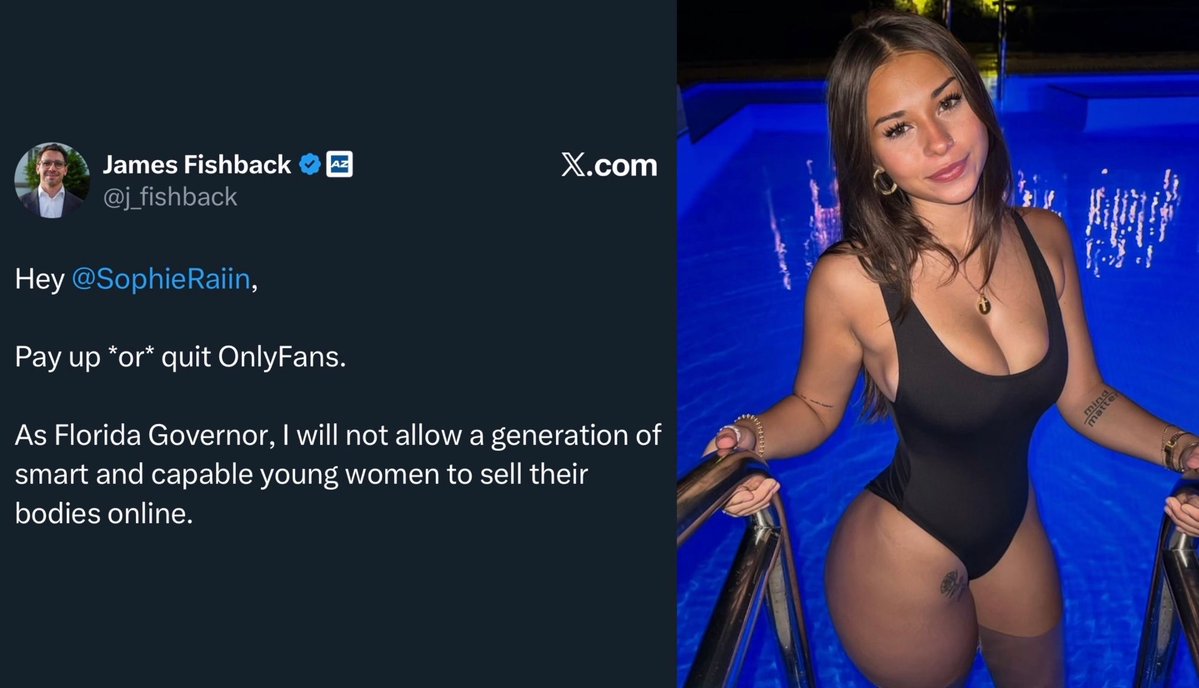 InternetH0F's tweet image. James Fishback, a candidate for Governor of Florida, proposes an OF 'Sin Tax' of 50% in Florida and directly calls out Sophie Rain to “pay up or quit”