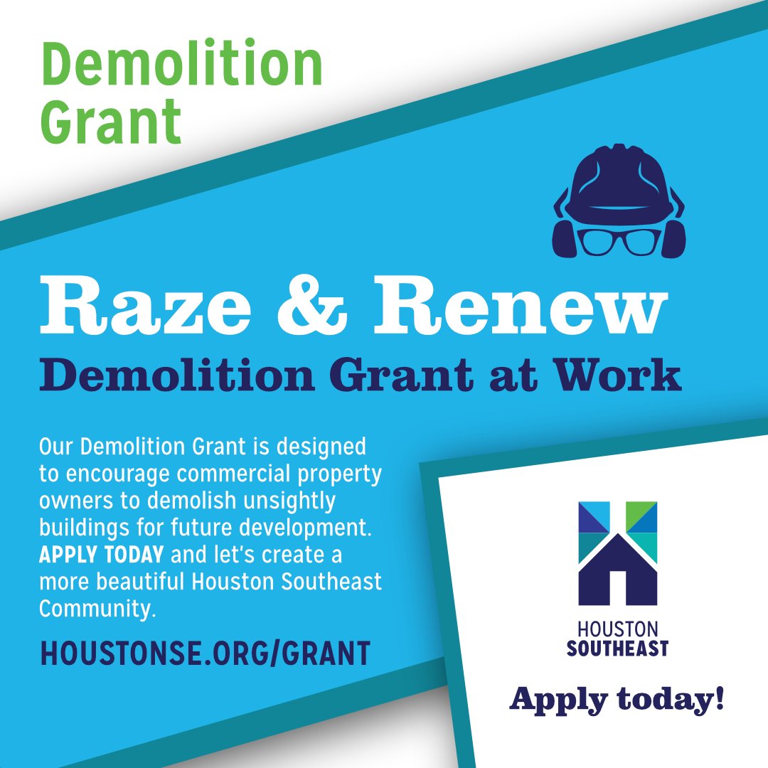 Our Demolition Grant is designed to encourage commercial property owners to demolish unsightly buildings for future development. APPLY TODAY and let's create a more beautiful Houston Southeast Community. bit.ly/3KrIQZ2