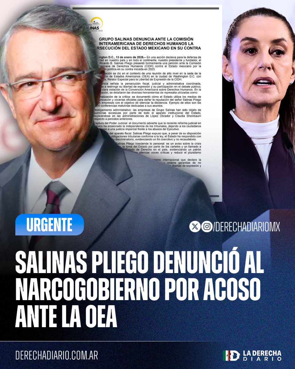 🚨🇲🇽🇺🇸🌎 | #URGENTE El líder libertario <a href="/RicardoBSalinas/">Don Ricardo Salinas Pliego</a>, denunció al narcogobierno de Sheinbaum ante la Comisión de Derechos Humanos de la OEA por acoso y persecución política en su contra por ser un crítico del régimen.