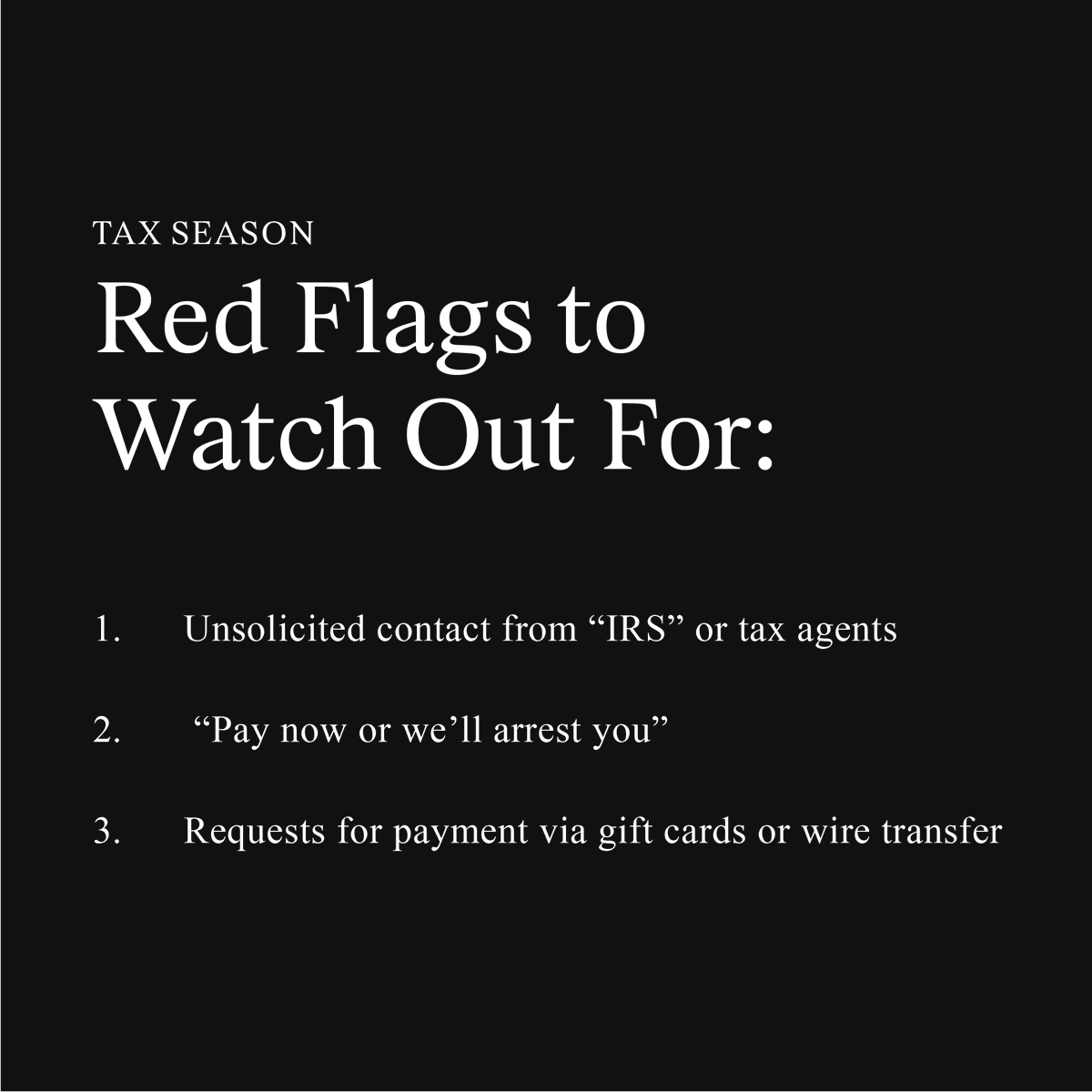 CashApp's tweet photo. Tax season is scam season. Here’s what to look out for:

🚩 Unsolicited calls, emails, or texts claiming to be from the IRS or tax agents

🚩 Threats of immediate arrest, legal action, or deportation if you don’t pay right now

🚩Requests to pay with gift cards, wire transfers, or payment apps — all untraceable

🚩Promises of unusually large refunds

🚩Links to unofficial or misspelled websites

The IRS will never demand payment over the phone, threaten you with arrest, or ask for payment in gift cards. When in doubt, hang up and verify directly through official IRS channels.

Learn more about our security features and common scams at https://t.co/goeJb9YBFf