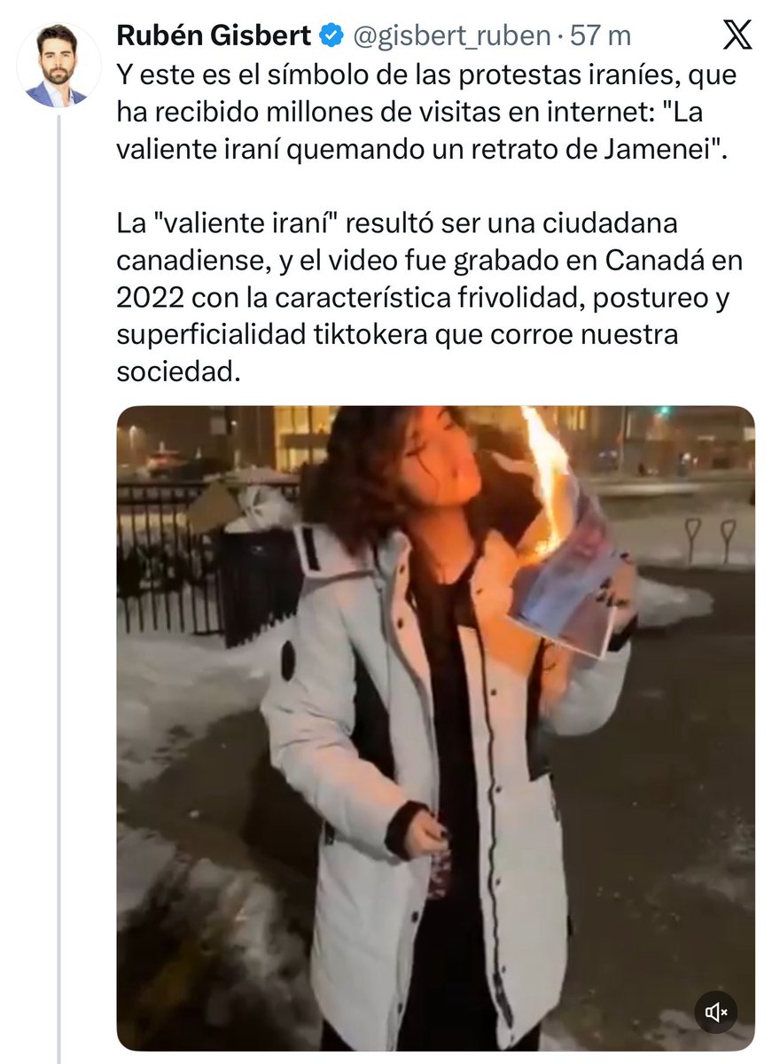 Sr_Donze's tweet image. Este gusano al servicio del mal, al que debería investigar la fiscalía en un país serio, miente como un bellaco. 

El vídeo es de hace unos días (del 7 de enero de 2026). La chica es iraní de nacimiento, ha vivido toda su vida en Irán. Sufrió, detenciones, abusos y amenazas desde…