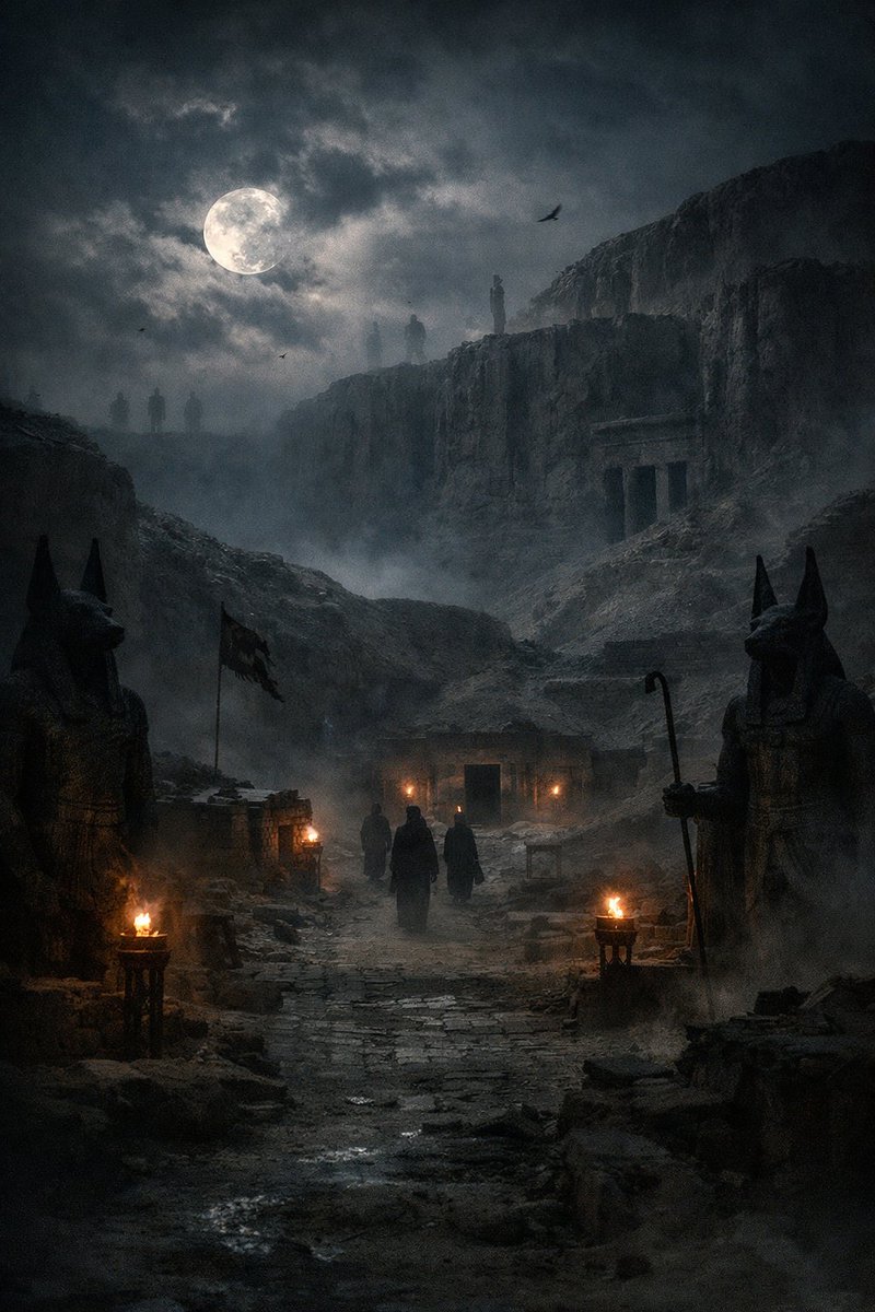 Bajo la luna pálida, el Valle de los Reyes despierta de su sueño milenario.
Las tumbas exhalan un aliento antiguo, y las sombras se alargan como si recordaran nombres prohibidos.
Entre la niebla, algo observa… paciente, eterno, aguardando...