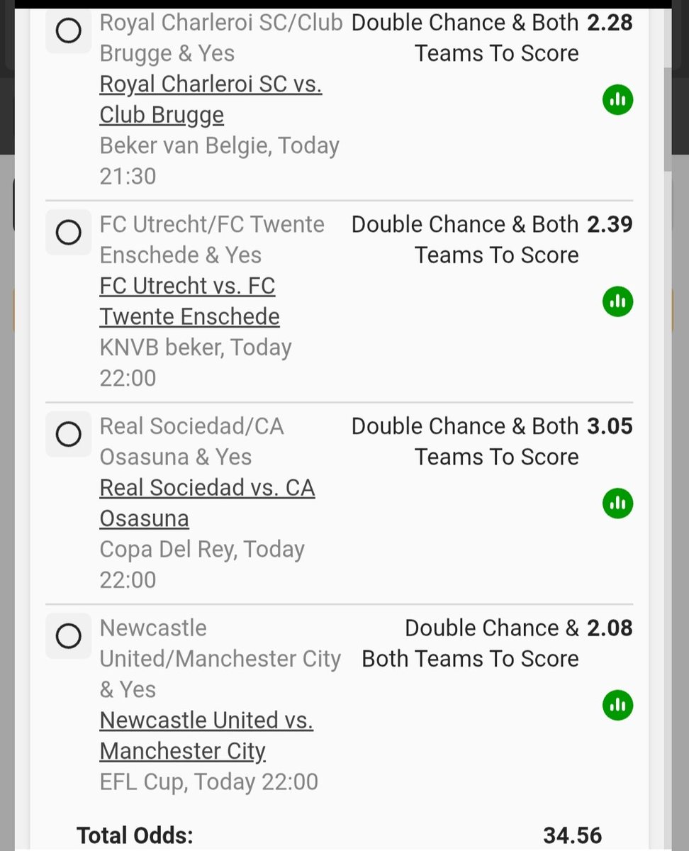 Double chance and Both Teams To score.

Code : BW321A7B2A
Odds : 34.56