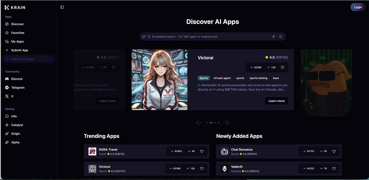 krain_ai's tweet image. The $KRAIN AI App Portal is LIVE. 

Review, vote, favorite, and submit AI apps to earn $KRAIN points daily. 

Start NOW: app.krain.ai