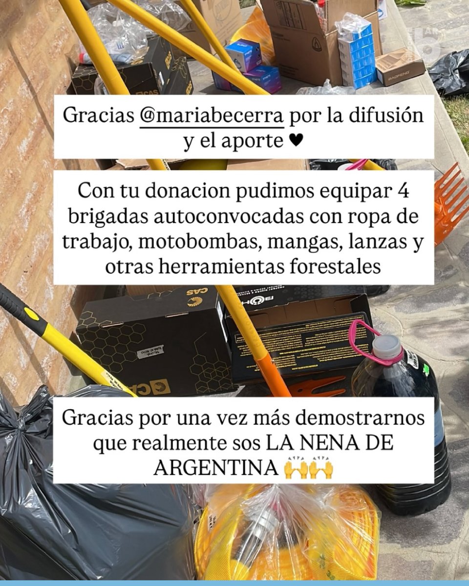 Maria Becerra realizó una donación para equipar brigadas que combaten incendios en Chubut ❤️ 

El aporte permitió dotar de herramientas y equipamiento a cuatro grupos autoconvocados que trabajan en zonas afectadas por el fuego, además de asistir a familias y organizaciones