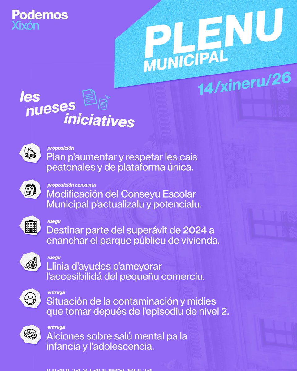 PodemosXixon's tweet photo. 🏛️ Nel primer Plenu del añu @OlayaSuarez va tar defendiendo toes estes iniciatives, que reflexen estremaos fundamentos del nuestru modelu de ciudá: movilidá, vivienda, educación, accesibilidá, mediu ambiente y salú mental. https://t.co/Kl2k6rZUtZ