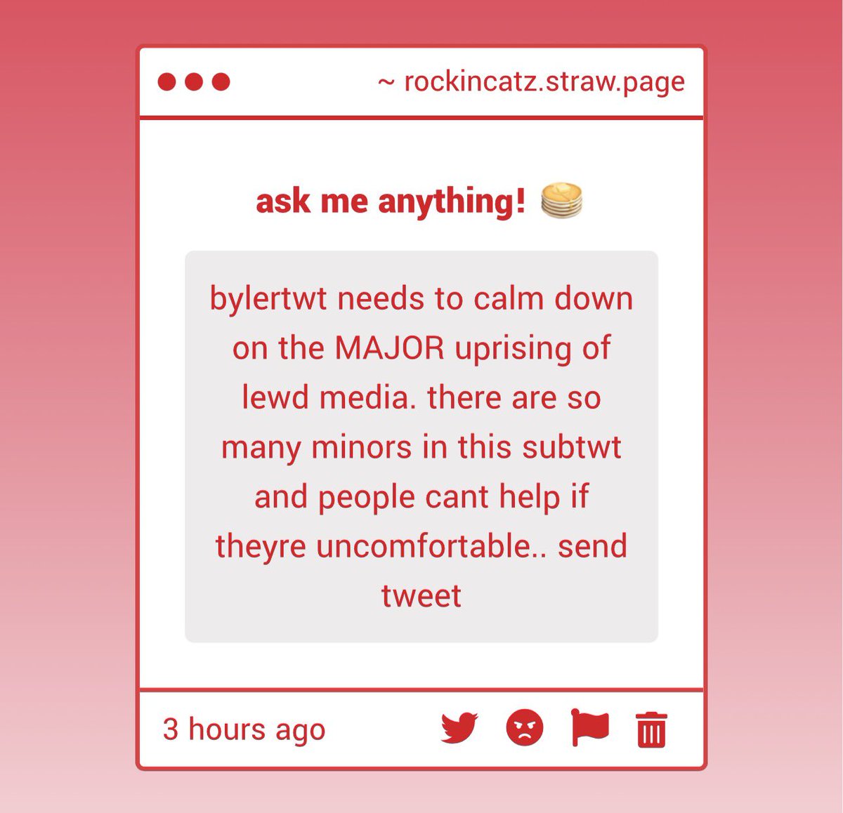 rockincatz's tweet image. My take is that I do think fandoms having "lawless" media is quite normal, especially to the amount that this subtweet has - the only issue is when this stuff is sent directly TO a minor's page or when it is discussed between adults and minors but that's #JustMe