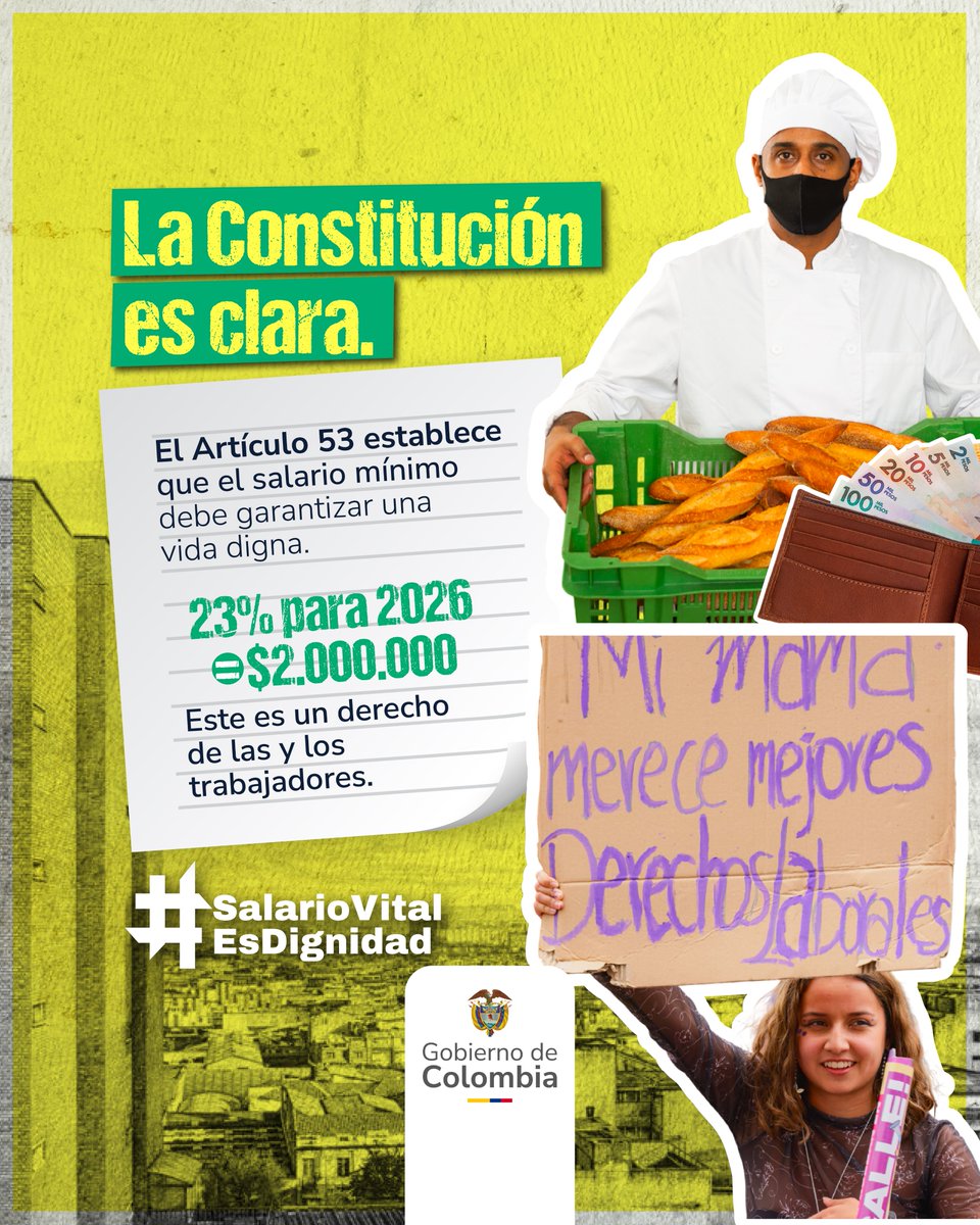 Todo trabajador y toda trabajadora en Colombia merece un salario mínimo vital que permita a su familia vivir con dignidad. Así lo ordena la Constitución.

$2’000.000 de #SalarioVitalEsDignidad porque protege el núcleo familiar y garantiza alimentación, vivienda, salud, educación