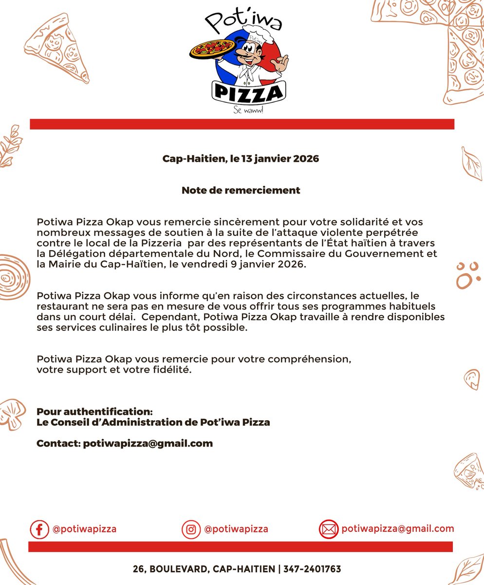 Note de remerciement de Pot’iwa Pizza!
