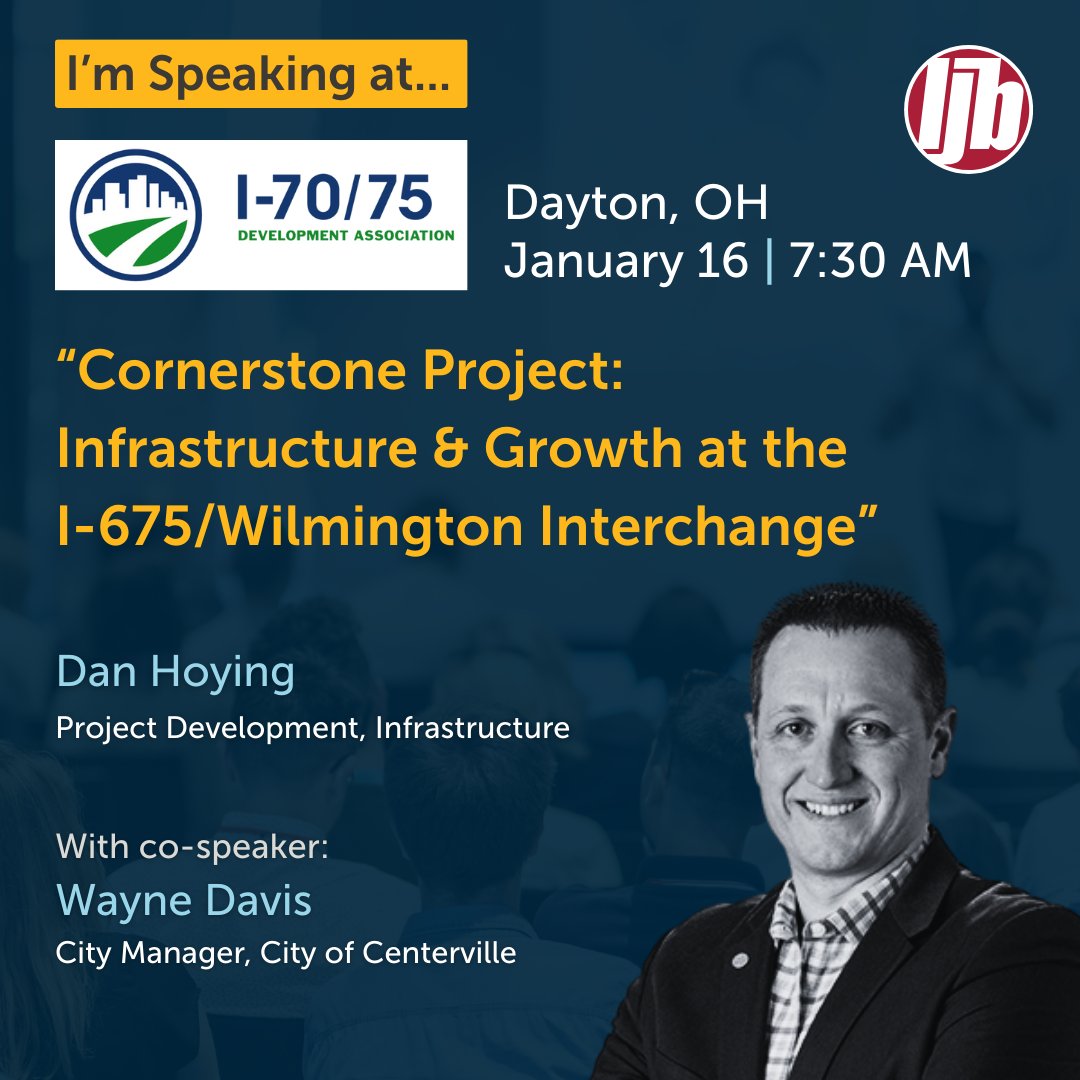 Don’t miss LJB’s Dan Hoying on Jan 16 as he shares what’s next for the Cornerstone Project, rethinking one of Ohio’s busiest interchanges.

1/16 @ 7:30 AM | Sinclair CC in Dayton, OH | Breakfast + smart ideas

hubs.ly/Q03-rrxc0