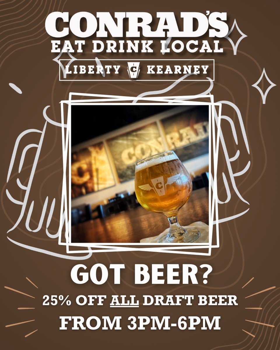 We've got BEER!🍻
Enjoy 25% off on all our craft beers on draft, every Monday-Saturday from 3pm-6pm. Whether you’re winding down after work or catching up with friends, our taps are flowing with your favorites. See you at the bar!
#EatDrinkLocal #Conrads816 #NorthlandProud