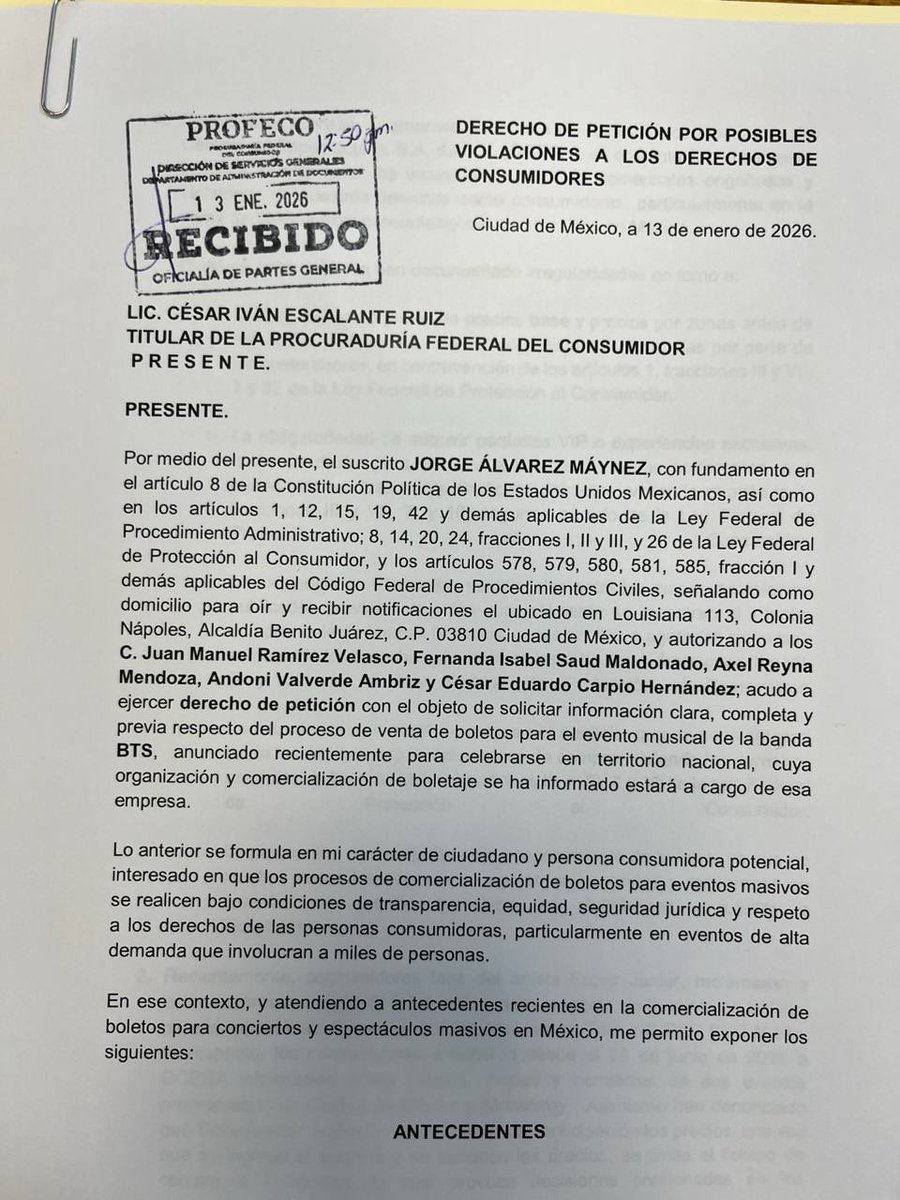 AlvarezMaynez's tweet image. Hoy se anunció que @bts_bighit viene a México. Por eso hemos solicitado de manera formal a @Profeco que se publiquen de manera anticipada y clara:

• Precios.
• Cargos.
• Mapas de asientos.
• Condiciones completas de venta de boletos.