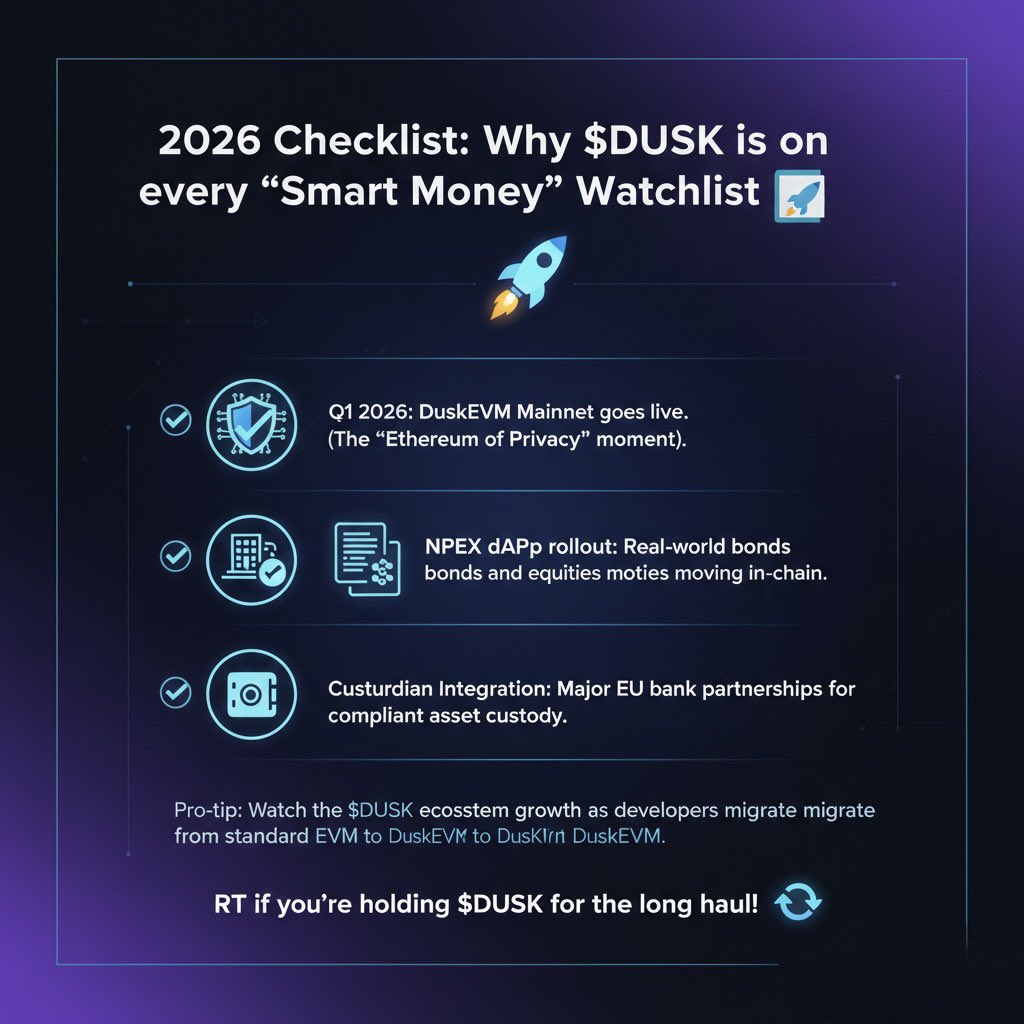 DUSK 2026 Roadmap is a monster. Unless you are following these milestones,  you are not getting the story DuskEVM Mainnet: The privacy Ethereum takes  off. Asset Tokenization: NPEX transfer of Real bonds/