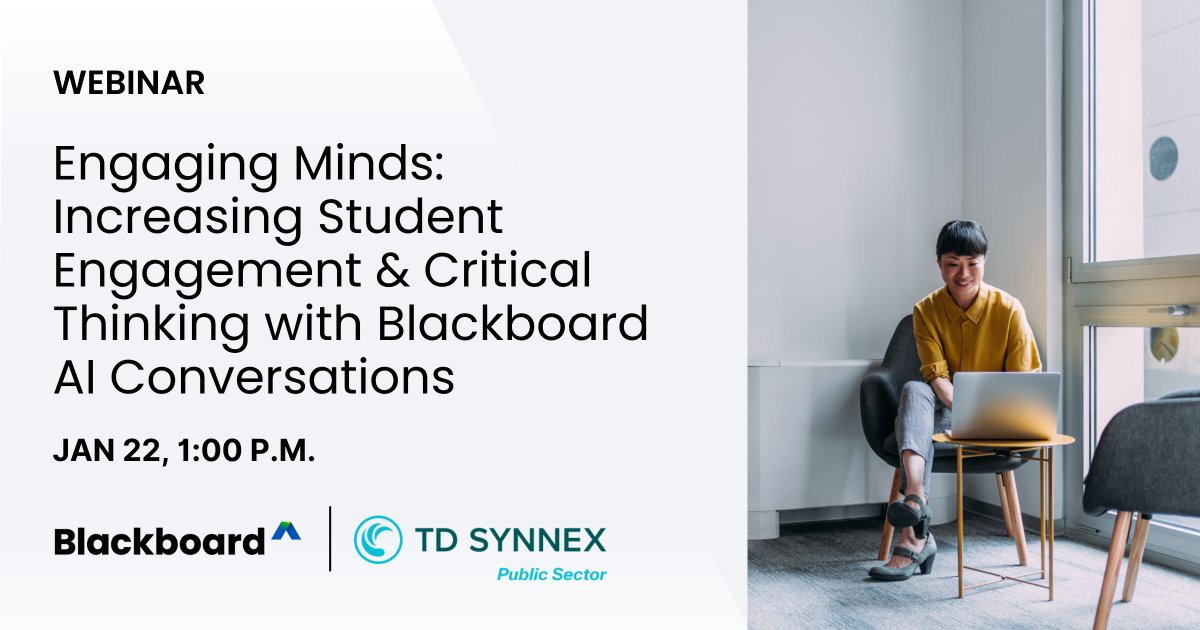 Blackboard's tweet image. Can AI drive deeper inquiry without compromising academic integrity? 🤔

Join EdD. Lisa Clark &amp;amp; Will Reid for a #Blackboard + @TDSYNNEX webinar on using AI Conversations to boost engagement and critical thinking.

📅 Jan 22
🕐 1:00 PM ET
🔗 Register: hubs.ly/Q03-kDls0
