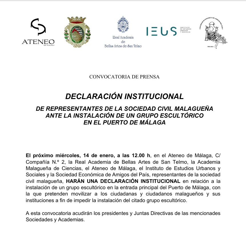 AcademiaAgp's tweet image. CONVOCATORIA DE PRENSA  DECLARACIÓN INSTITUCIONAL  DE REPRESENTANTES DE LA SOCIEDAD CIVIL MALAGUEÑA  ANTE LA INSTALACIÓN DE UN GRUPO ESCULTÓRICO  EN EL PUERTO DE MÁLAGA.
Miércoles 14 de enero de 2026 a las 12:00h en el ATENEO DE MÁLAGA.
@ateneomalaga @SEAPMalaga