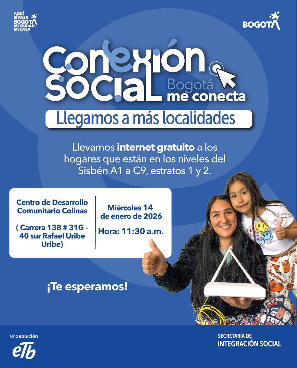 📣 A Rafael Uribe Uribe llega CONEXIÓN SOCIAL, Bogotá me Conecta. 

🛜 INTERNET GRATIS 

👨‍👩‍👧‍👦 Para hogares en Sisbén A1 a C9 y estratos 1 y 2.

👋 Llega esta jornada para que más familias de la localidad  puedan acceder a internet gratis en sus hogares.