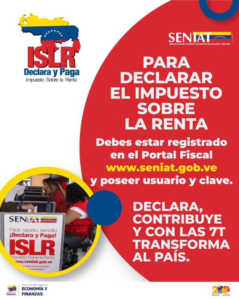 ¡Recuerda!

Para declarar el impuesto Sobre la Renta, debes estar registrado en el portal Fiscal seniat.gob.ve

Declara, Contribuye y con las 7T Transforma el País