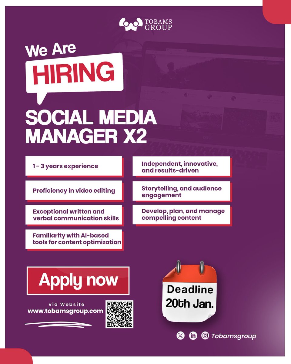 🚨 Now Hiring: Social Media Manager (x2) (Remote)

🔹️1–3 yrs experience
🔹️Video editing &amp; storytelling 
🔹️Audience engagement
🔹️AI tools
🔹️Strong communication

Apply here 👉 tobamsgroup.com/jobs/openings/…

⏰ Deadline: Jan 20

RTs appreciated!