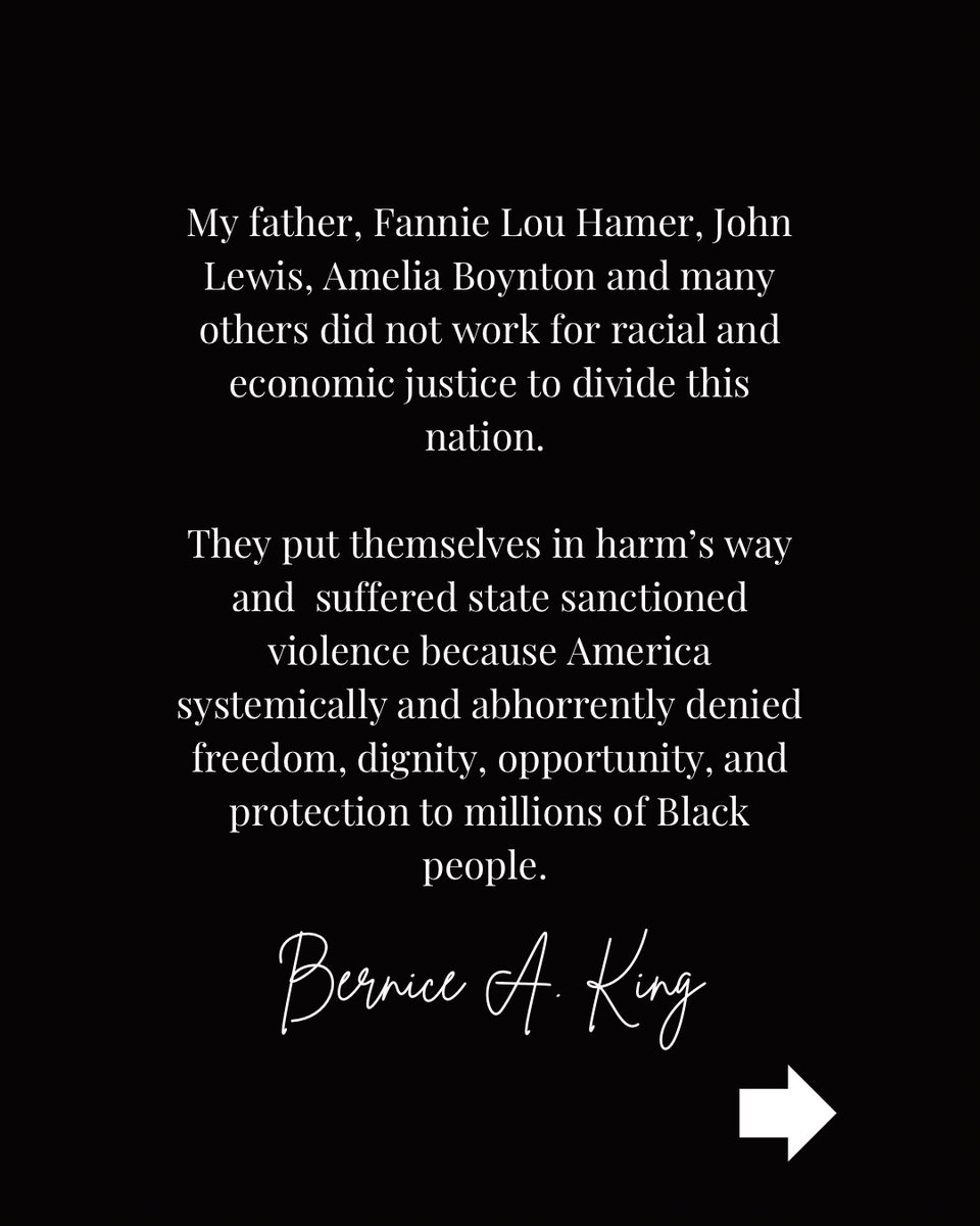 BerniceKing's tweet image. Let’s tell the truth. - President Trump’s claim that the 1964 Civil Rights Act caused harm to white people is a false narrative that distorts history and obscures reality.

My father, Fannie Lou Hamer, John Lewis, Amelia Boynton and many others did not work for racial and…