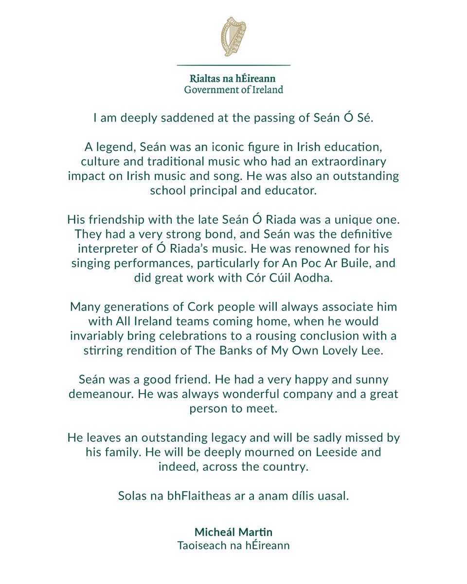 MichealMartinTD's tweet image. I am deeply saddened at the passing of Seán Ó Sé. 

A legend, Seán was an iconic figure in Irish education, culture and traditional music who had an extraordinary impact on Irish music and song.

Solas na bhFlaitheas ar a anam dílis uasal.