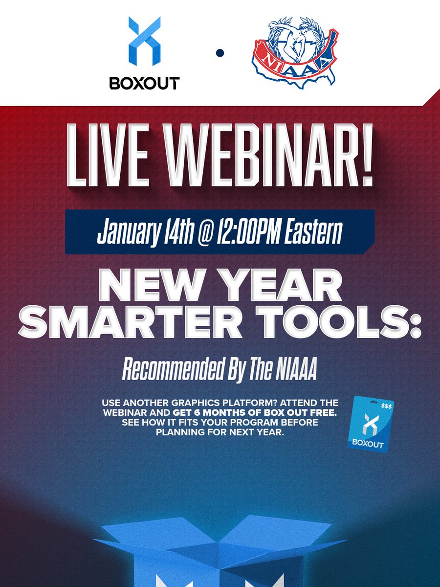 NIAAA9100's tweet image. Join us and @BoxOutSports for a special webinar on Wednesday, January 14 @ 12 pm EST! We're kicking off 2026 with tools to make your job easier.
 
🎁 Users of other graphics platforms who attend this session are eligible for 6 months of Box Out for FREE!
bit.ly/4qzFJ46