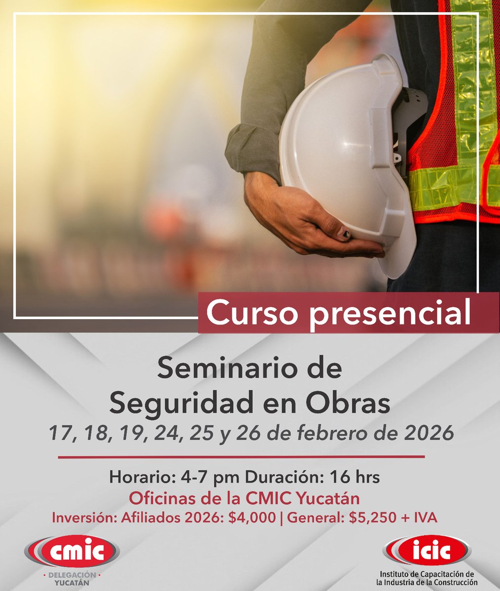 🟠SEMINARIO DE SEGURIDAD EN OBRAS | PRESENCIAL🟠
📍 CMIC Yucatán

Capacitación PRESENCIAL enfocada en seguridad en obra: trabajos en altura, espacios confinados, excavaciones, instalaciones eléctricas y más. 🦺🏗️

⚠️ Cupos muy limitados

📲Escríbenos: bit.ly/CursosICIC