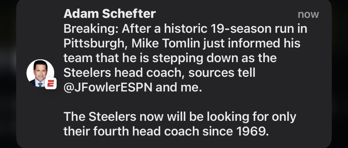 MIKE TOMLIN IS STEPPING DOWN AS <a href="/steelers/">Pittsburgh Steelers</a> HEAD COACH

3/4 AFC NORTH COACHES ARE GONE

<a href="/steelers/">Pittsburgh Steelers</a> NEED TO FIND AN ANSWER

HE WAS GENERATIONAL 

per <a href="/AdamSchefter/">Adam Schefter</a>