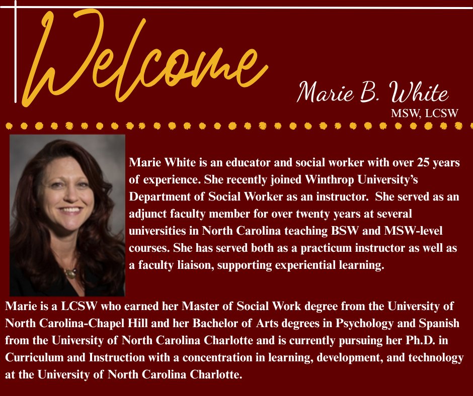 WUSocialWork's tweet photo. Welcome to Winthrop University's Department of Social Work, Marie!
Marie is an educator and social worker with over 25 years of experience and is joining our department as an instructor.
We are thrilled to have a new face in our program! https://t.co/Wq2VXdrEur