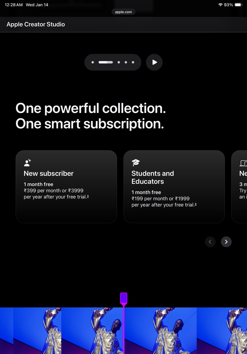 Apple has launched Apple creator studio , widely-used creative tools, all within one subscription. Available from 28 Jan 2026 . 
Pricing : 
Standard plan , ₹399/ $12.99 per month or ₹3999/$129 yearly.
For students or educators it’s even better ₹199/ $2.99 per month or ₹1,999/