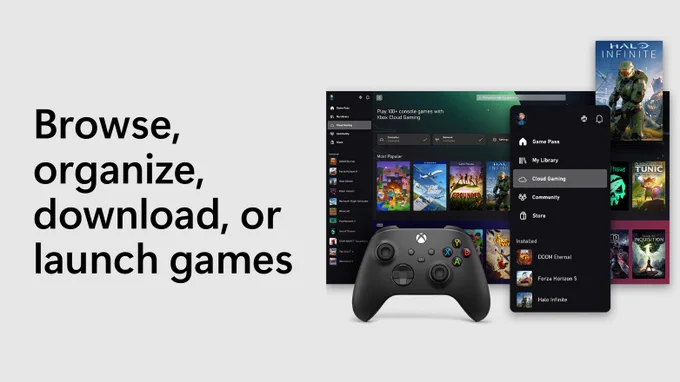 Text beside a photo of an Xbox wireless controller in front of stylized screenshots of the Xbox app on PC and mobile says browse, organize, download, or launch games.