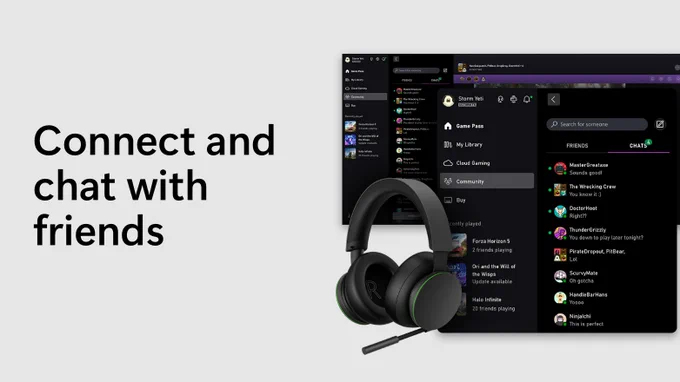 Text beside a photo of an Xbox wireless headset in front of stylized screenshots of the Community tab in the Xbox app on PC and mobile says connect and chat with friends.