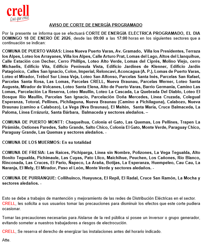 Corte programado para el día domingo  18/01/2026, en las comunas de Puerto Varas, Puerto Montt, Los Muermos, Fresia y Purranque.