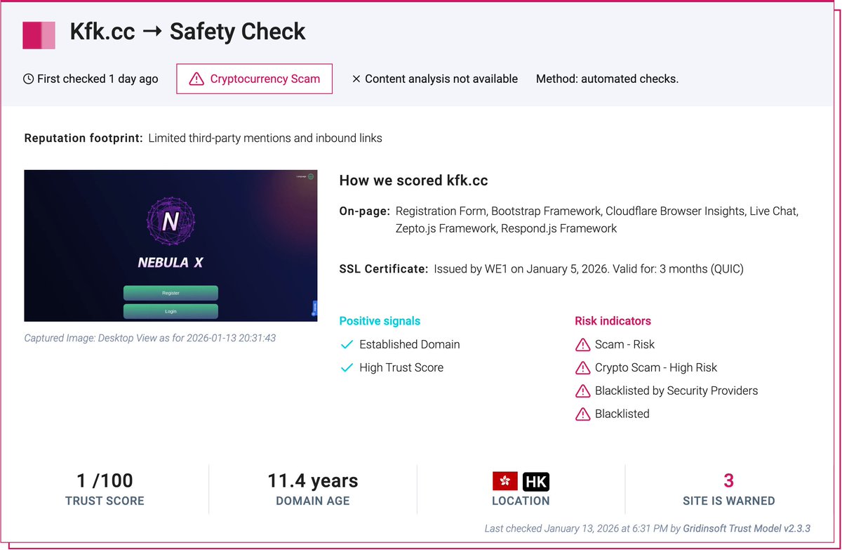 ⚠️ NEBULA X (Kfk .cc) Crypto Scam. Victims receive a sob story and fake  login to a bogus exchange showing huge balances (often ~7,000,000 USDT). 🔗  https://t.co/Vxq2cR377v #CryptoScams #ScamAlert #ScamWarning  #phishingawareness #SecurityAlert #