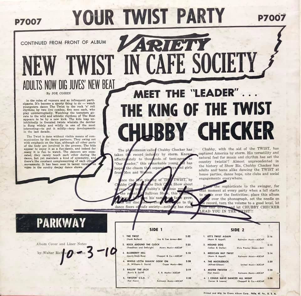 myRockworld memories - on this Day 1962, Chubby Checker went back to No.1 on the US singles chart with 'The Twist'. The song first went to No.1 in Sept 1960 and became the only record in American chart history to top charts on two separate dates

Vinyl signed by Chubby Checker