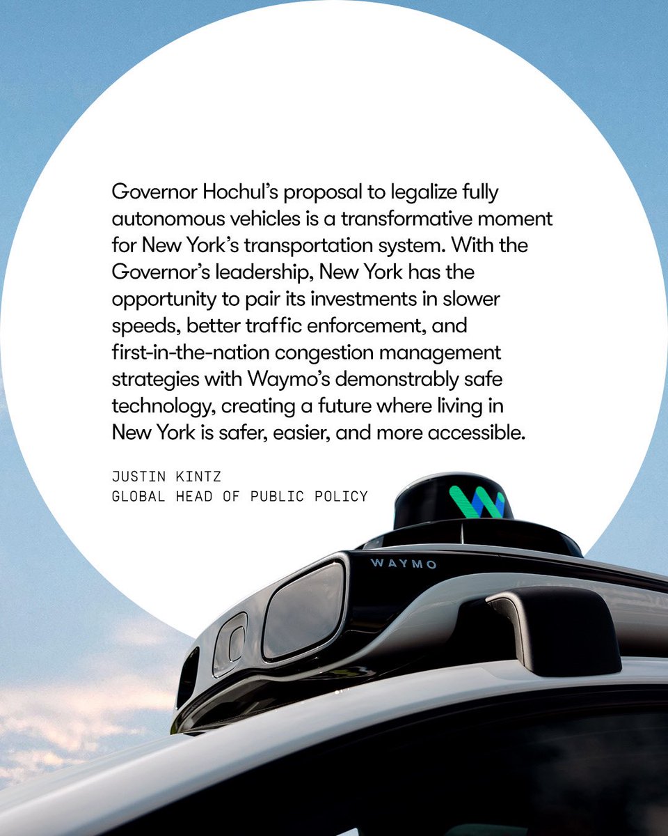 Waymo's tweet photo. We’re grateful for @GovKathyHochul’s leadership on fully autonomous vehicles in New York state. We’re ready to work with leaders around New York to bring our service and new infrastructure, career opportunities, and investment to the Empire State. 

If you want to advocate for bringing Waymo to New York, sign up at https://t.co/OPn1HgQtBi.