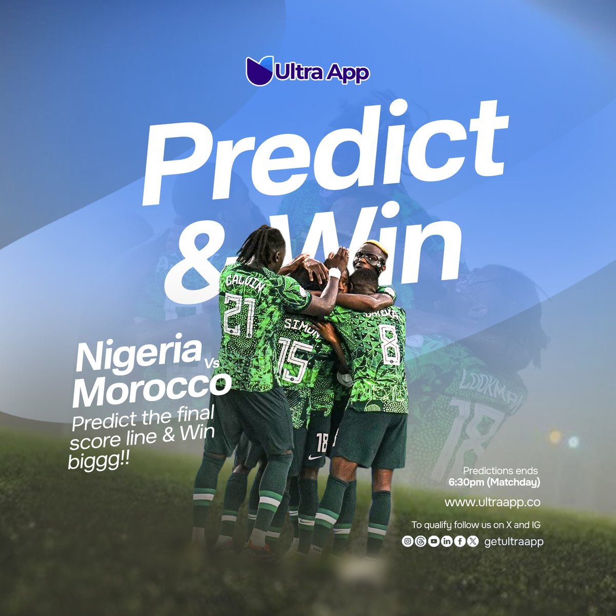 getultraapp's tweet image. 🇳🇬 vs 🇲🇦
Predict the final score, win biggg 💰⚽

⏰ Predictions close 6:30pm (Matchday)

Make sure you’re following @getultraapp