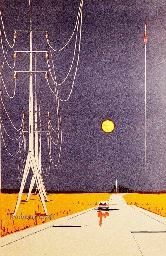 What are some of your favorite Soviet-era artworks/illustrations?

This is ours: a 1969 painting titled "Road To Cosmodrome" by Vladimir Koloskov.