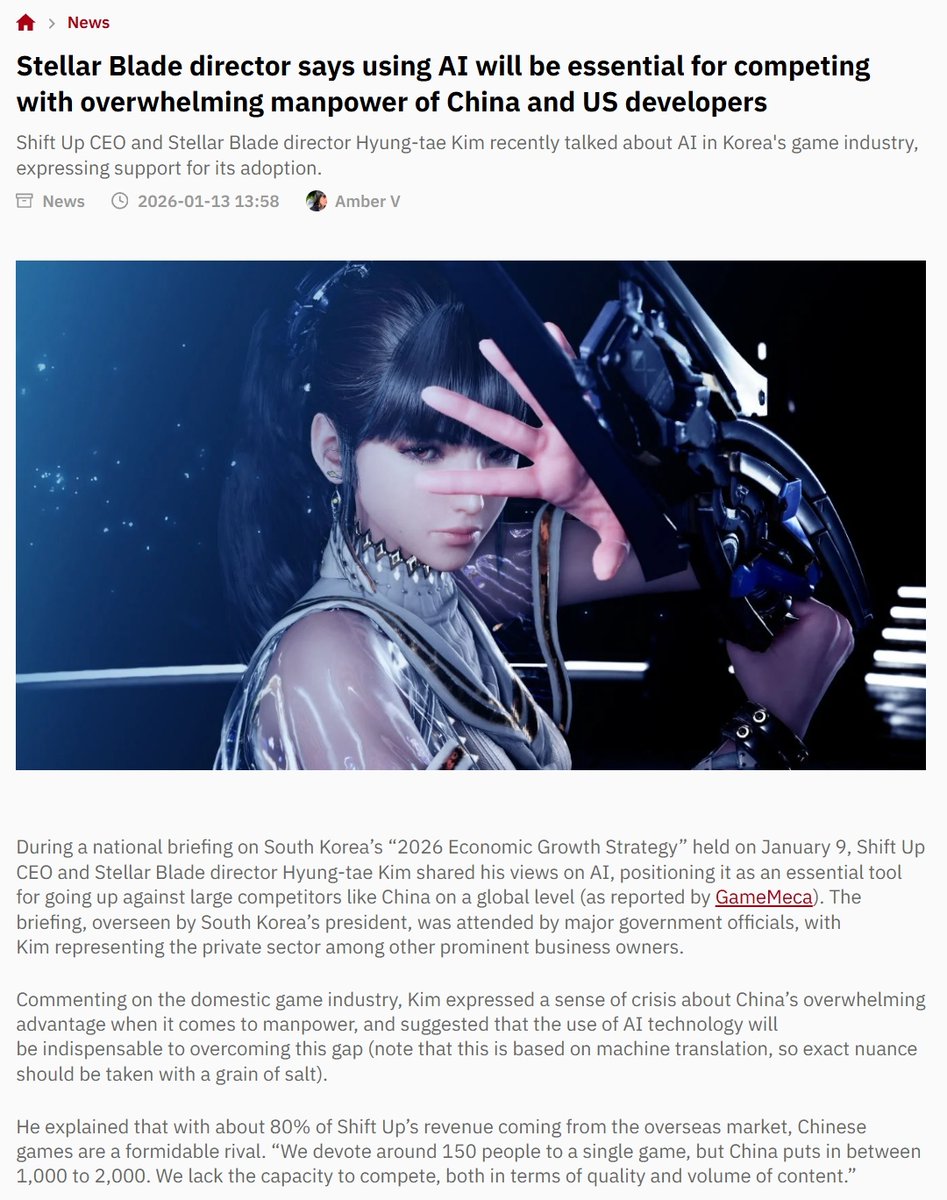 China has zero problems with AI:

- Tencent has an impressive tool that lets you automatically generate 3D assets, texture, rig and animate them with just a few clicks.

- Cygames starting a AI division for generative AI game tools.

- Now Shift Up is going heavy into AI.
