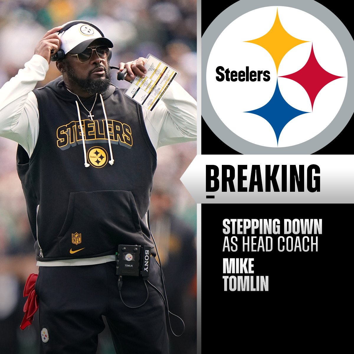 NFL's tweet image. Mike Tomlin stepping down as head coach of Steelers after 19 seasons.
