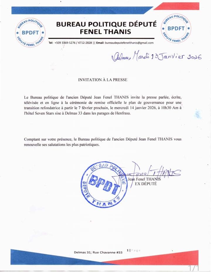 Invitation à la Presse

<a href="/RFI/">RFI</a> <a href="/Inative25391/">initiative 24 Avril 2025</a> <a href="/rtvgalaxie/">Radio Télé Galaxie</a> <a href="/RTVCHAITI/">Radio Television Caraibes</a> <a href="/Radioteleginen/">Radioteleginen</a> <a href="/Radio_Metronome/">Radio Télé Métronome</a> <a href="/nouvelliste/">Le Nouvelliste</a> <a href="/nouvellagaye20/">Nouvel la Gaye</a> <a href="/clindoeilinfo1/">Clin D’oeil</a> <a href="/LentilleInfo/">LENTILLE INFO</a> <a href="/zantraynewsht/">Zantray News haiti</a> <a href="/radiokiskeya/">Kiskeya</a> <a href="/radiomagik9/">Magik9</a> <a href="/MARADIOFM/">Radio RFM 104.9</a> <a href="/ambafranceht/">La France en Haïti 🇫🇷🇪🇺</a> <a href="/USEmbassyHaiti/">U.S. Embassy Haiti</a> <a href="/AmbCanHaiti/">Canada en Haïti</a>