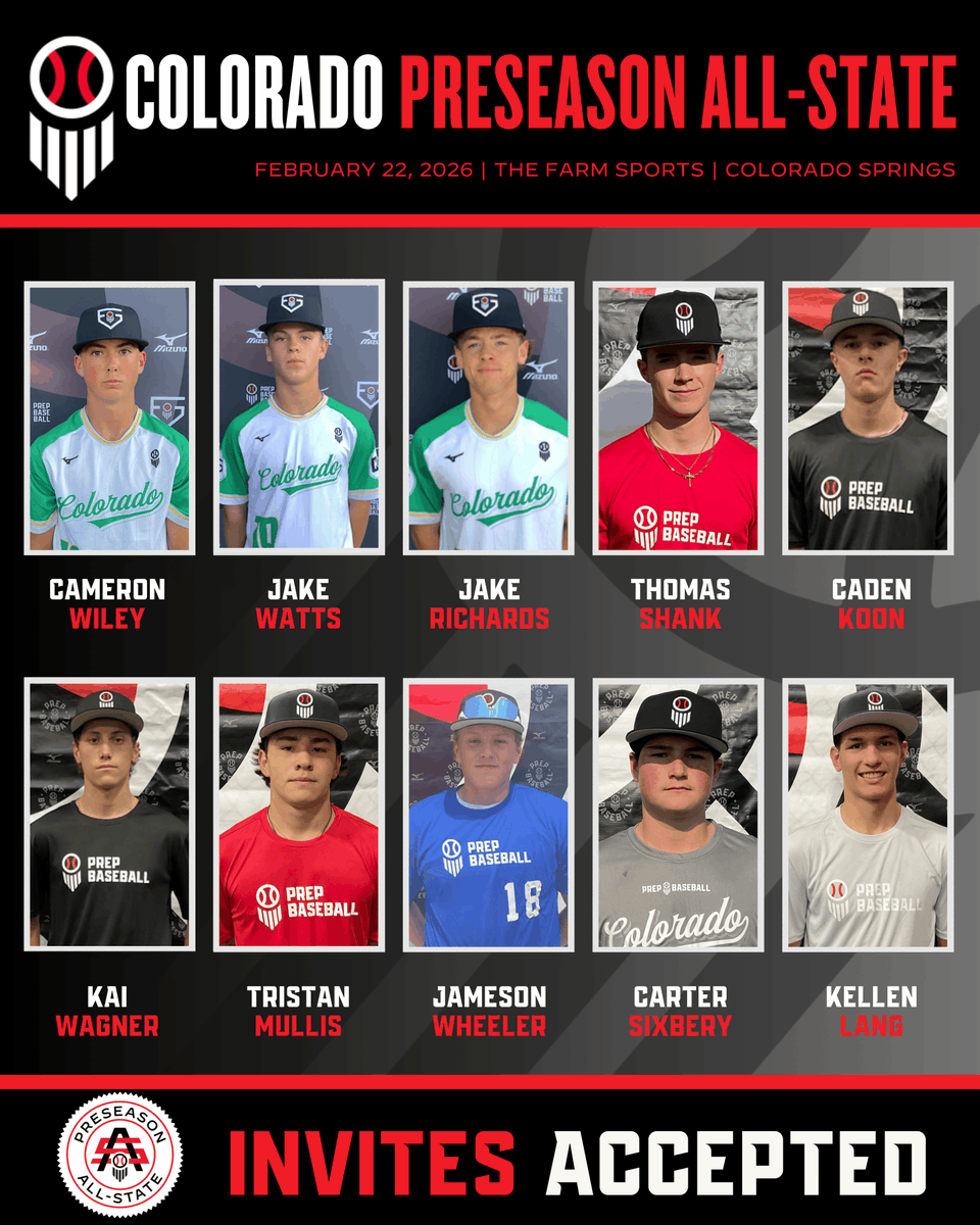 PrepBaseball_CO's tweet photo. 𝐈𝐍𝐕𝐈𝐓𝐄𝐒 𝐀𝐂𝐂𝐄𝐏𝐓𝐄𝐃 ✅

Welcome to Colorado Preseason All-State ❗ 🏔️

Full Roster 🔗 : https://t.co/sOU5eZLouw
All Upcoming Events 👉 : https://t.co/4KdWX1o1ot https://t.co/MG2pRDbKLS
