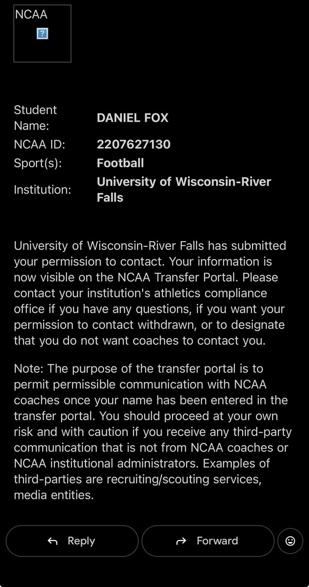 DJFox12851466's tweet image. I have decided to enter the transfer portal, thank you UWRF! With that being said I have 2 years of eligibility, 6’9 320, 1st Team All WIAC, 1st Team All Region, 3rd Team All American. Scholastic Honor roll. Graduate next fall.