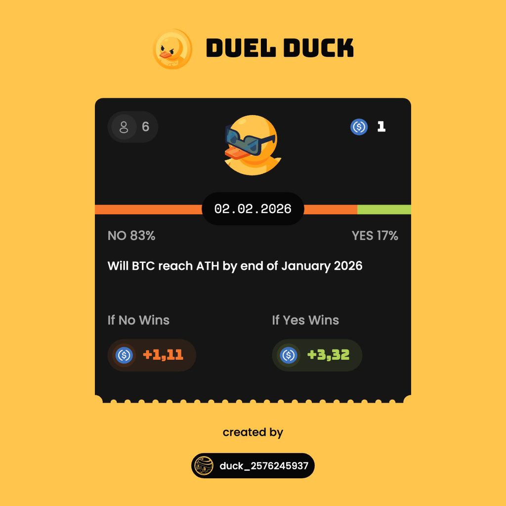 Everyone has a take. Very few are willing to stand on it. @duel_duck strips  prediction down to its core. Two users. One outcome. Real stakes. Instead  of odds, algorithms, or hidden fees,