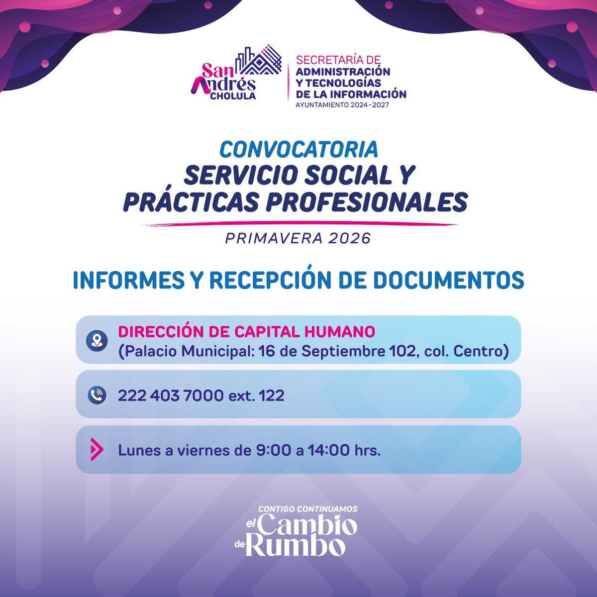 📚✨#ConvocatoriaAbierta
En el #GobiernoDeResultados te invitamos a integrarte a nuestro “Programa de Servicio Social y Prácticas Profesionales”, Periodo Primavera 2026.

📄Acude con tu documentación a la Dirección de Capital Humano.
☎️222 403 7000 ext. 122
