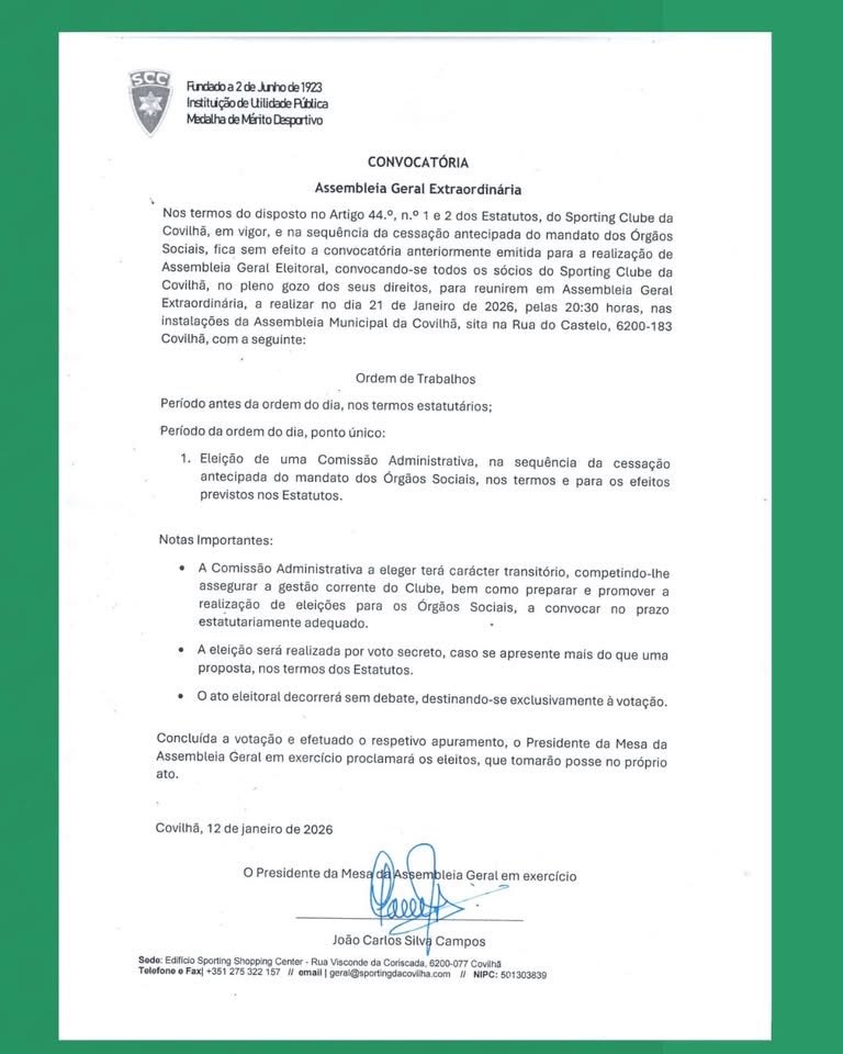 Convocatória | Assembleia Geral Extraordinária

📅 21 de janeiro de 2026, pelas 20:30 horas, nas instalações da Assembleia Municipal